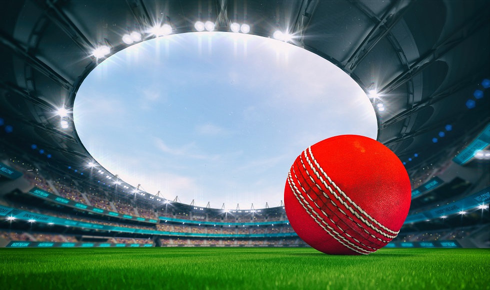 Magnificent outdoor stadium with a cricket ball on the green lawn of the field with spectators on the stands. Professional world sport 3D illustration background.